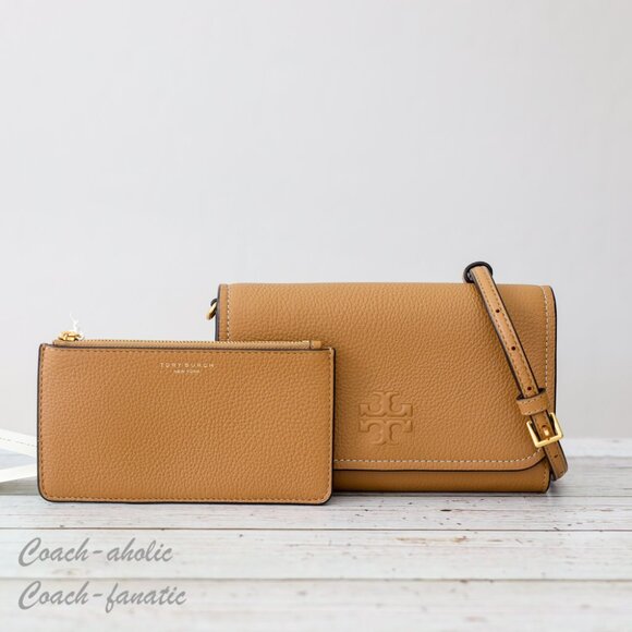 NWT Tory Burch Thea Small Pebble Leather Flat Wallet Crossbody in Tiramisu - Picture 4 of 14